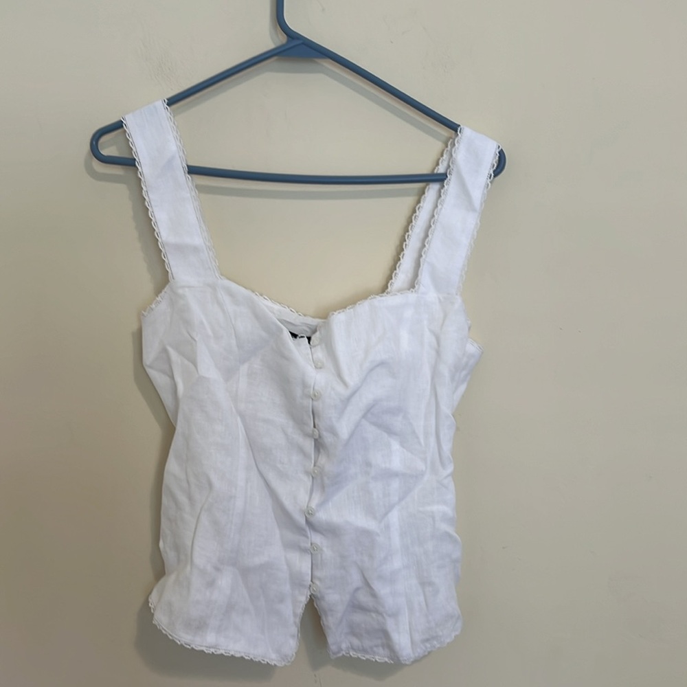 J crew lace trim button up tank top White linen size 4 NEW